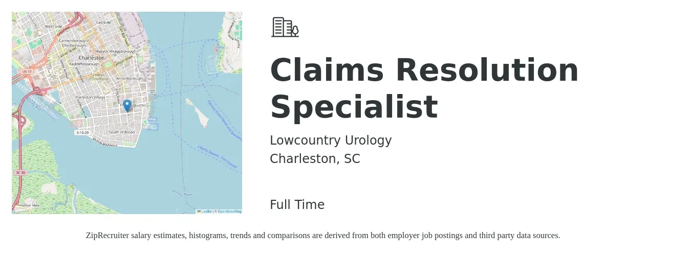 Lowcountry Urology job posting for a Claims Resolution Specialist in Charleston, SC with a salary of $18 to $26 Hourly with a map of Charleston location.