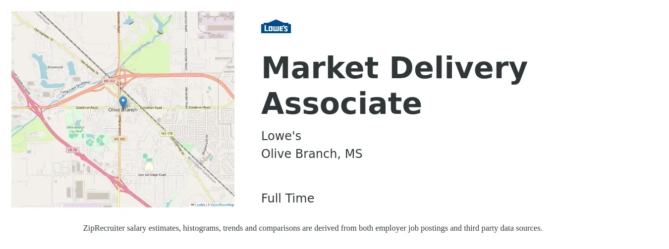 Lowe's job posting for a Market Delivery Associate in Olive Branch, MS with a salary of $15 to $18 Hourly with a map of Olive Branch location.