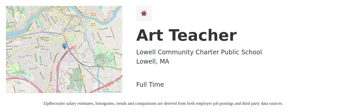 Lowell Community Charter Public School job posting for a Art Teacher in Lowell, MA with a salary of $44,400 to $59,800 Yearly with a map of Lowell location.