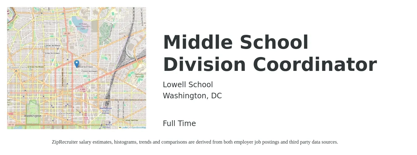 Lowell School job posting for a Middle School Division Coordinator in Washington, DC with a salary of $24 to $36 Hourly with a map of Washington location.