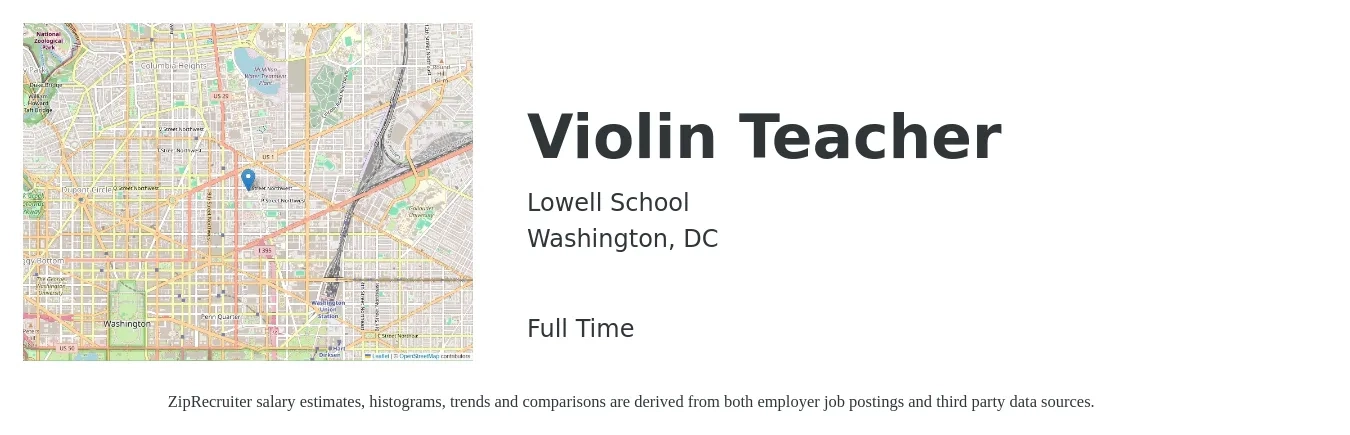 Lowell School job posting for a Violin Teacher in Washington, DC with a salary of $32 to $45 Hourly with a map of Washington location.