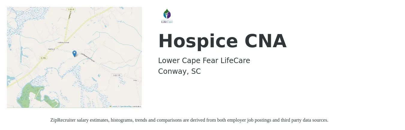 Lower Cape Fear LifeCare job posting for a Hospice CNA in Conway, SC with a salary of $16 to $22 Hourly with a map of Conway location.