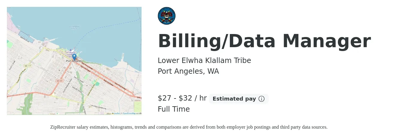 Lower Elwha Klallam Tribe job posting for a Billing/Data Manager in Port Angeles, WA with a salary of $29 to $34 Hourly with a map of Port Angeles location.