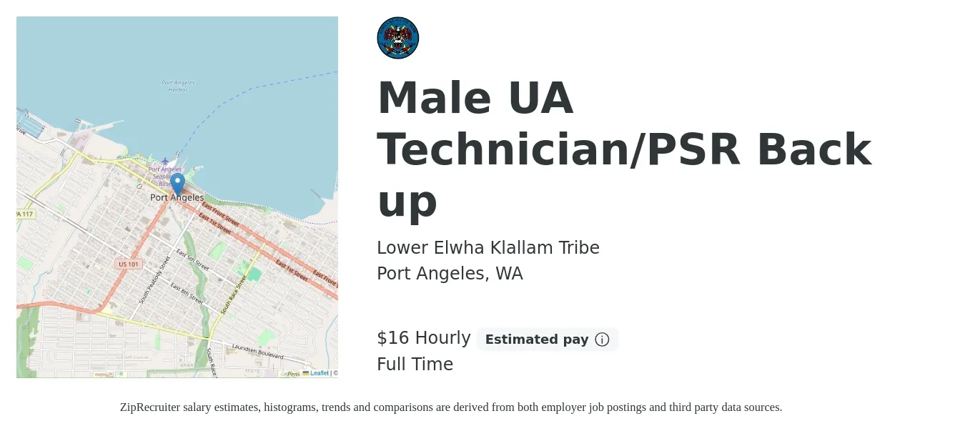 Lower Elwha Klallam Tribe job posting for a Male UA Technician/PSR Back up in Port Angeles, WA with a salary of $17 Hourly with a map of Port Angeles location.