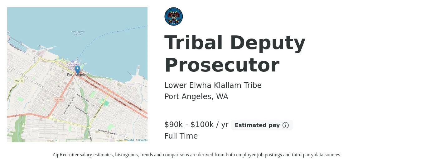 Lower Elwha Klallam Tribe job posting for a Tribal Deputy Prosecutor in Port Angeles, WA with a salary of $90,000 to $100,000 Yearly with a map of Port Angeles location.
