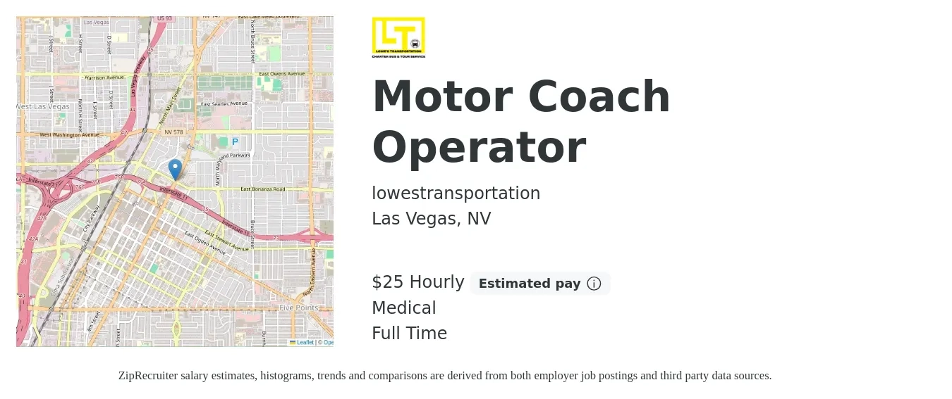 lowestransportation job posting for a Motor Coach Operator in Las Vegas, NV with a salary of $26 Hourly and benefits including medical, and retirement with a map of Las Vegas location.
