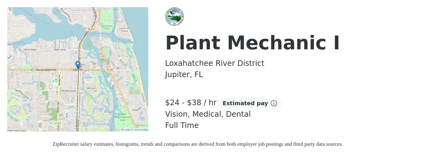 Loxahatchee River District job posting for a Plant Mechanic I in Jupiter, FL with a salary of $25 to $40 Hourly and benefits including dental, life_insurance, medical, retirement, and vision with a map of Jupiter location.