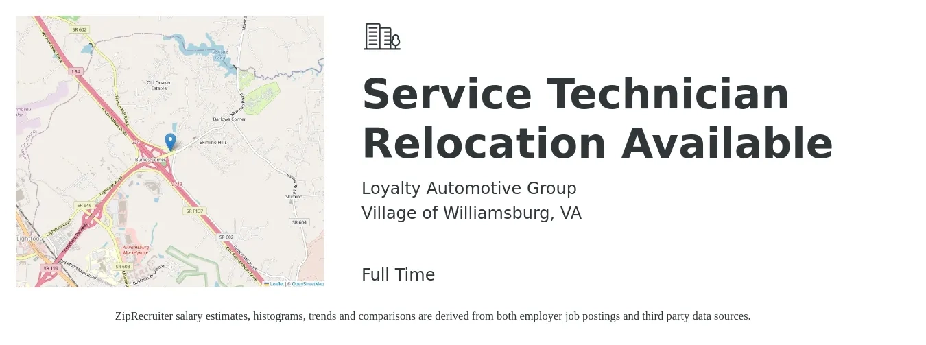 Loyalty Automotive Group job posting for a Service Technician Relocation Available in Village of Williamsburg, VA with a salary of $18 to $25 Hourly with a map of Village of Williamsburg location.