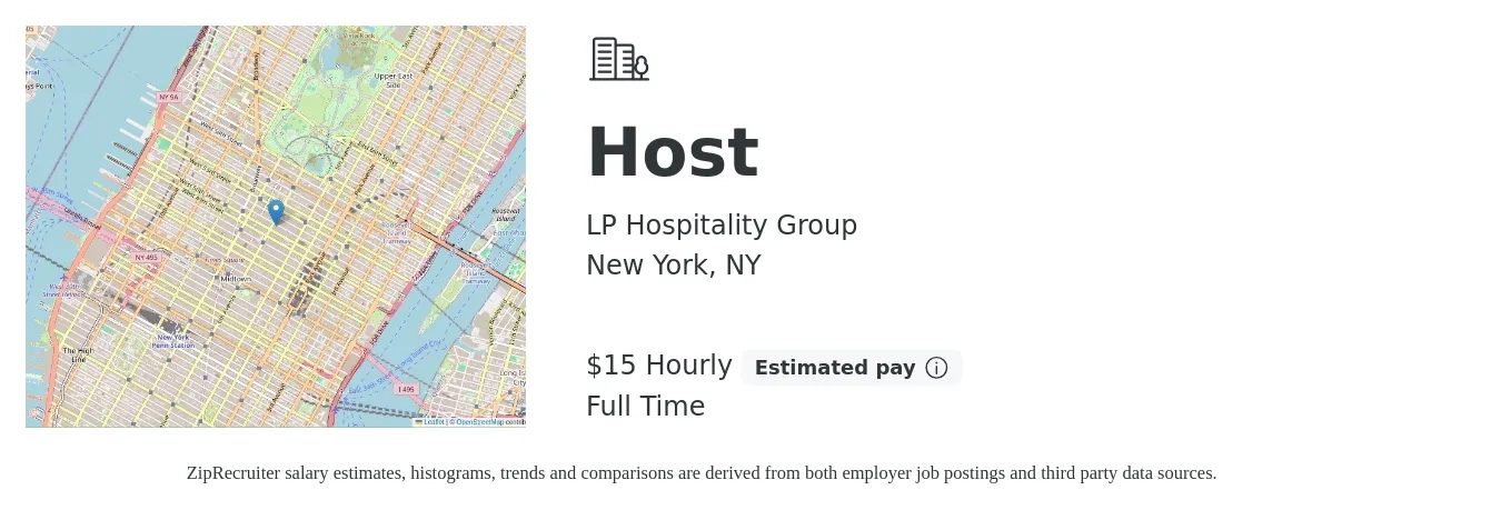 LP Hospitality Group job posting for a Host in New York, NY with a salary of $16 Hourly with a map of New York location.