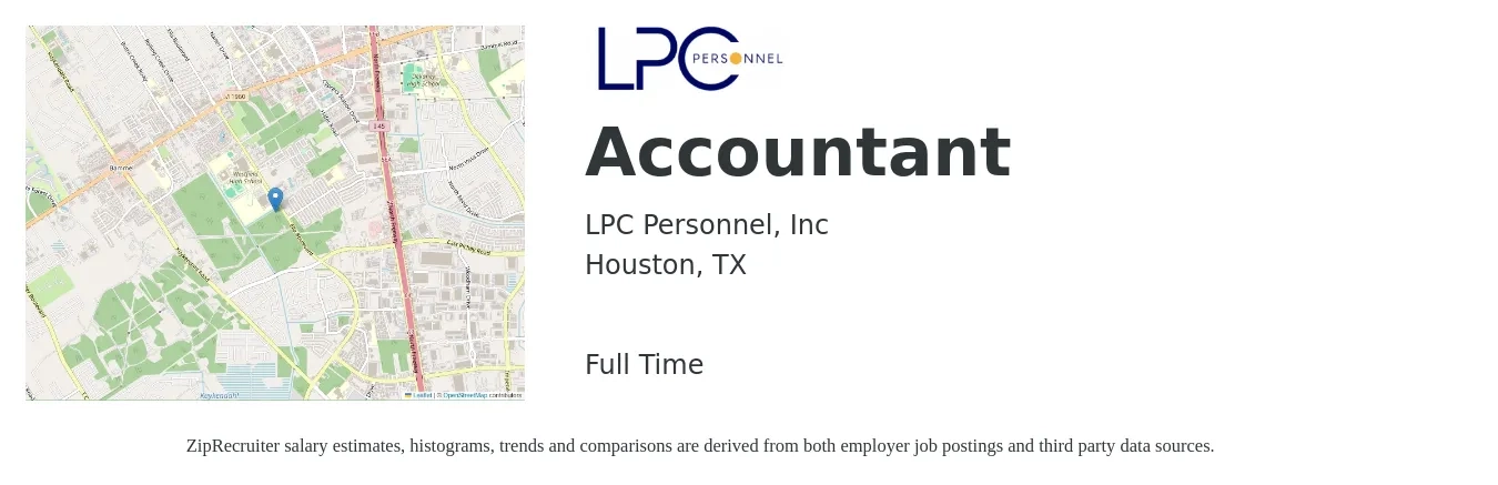 LPC Personnel, Inc job posting for a Accountant in Houston, TX with a salary of $48,400 to $71,100 Yearly with a map of Houston location.