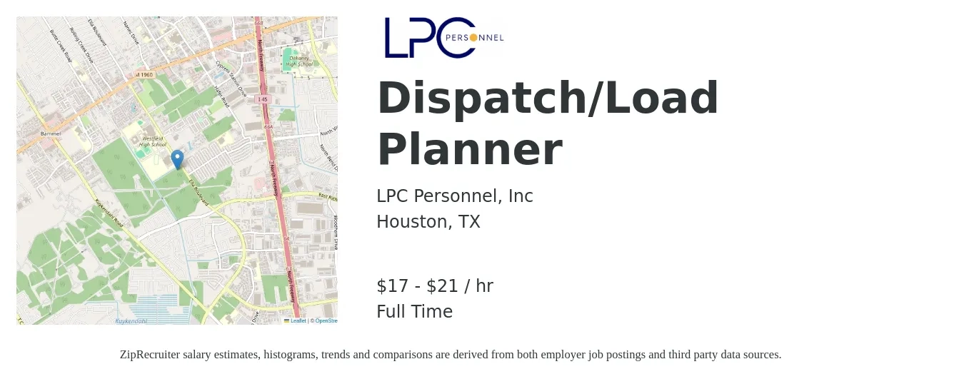 LPC Personnel, Inc job posting for a Dispatch/Load Planner in Houston, TX with a salary of $18 to $22 Hourly with a map of Houston location.