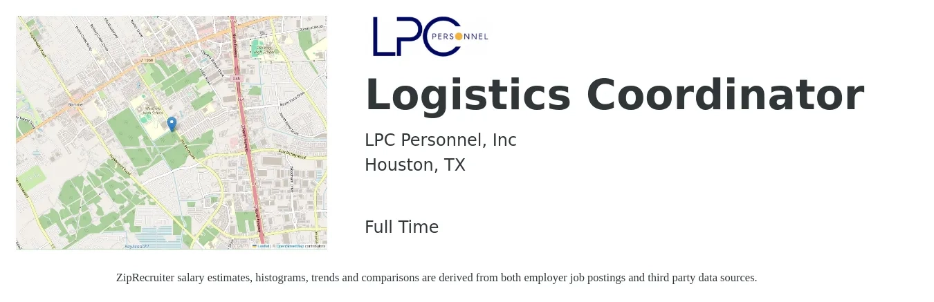 LPC Personnel, Inc job posting for a Logistics Coordinator in Houston, TX with a salary of $18 to $24 Hourly with a map of Houston location.