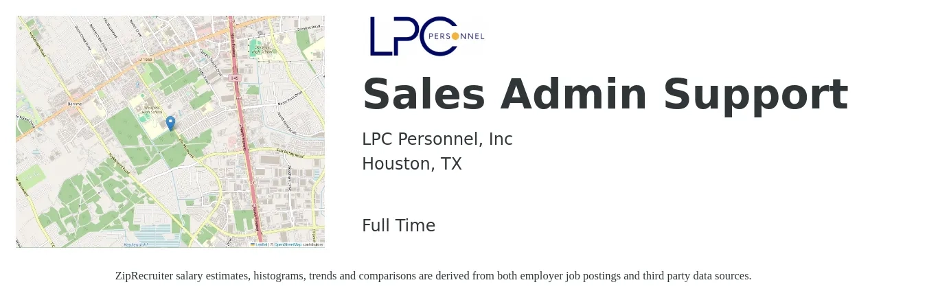 LPC Personnel, Inc job posting for a Sales Admin Support in Houston, TX with a salary of $17 to $22 Hourly with a map of Houston location.