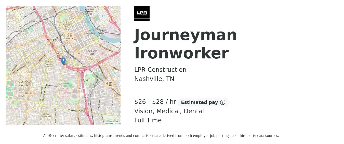 LPR Construction job posting for a Journeyman Ironworker in Nashville, TN with a salary of $28 to $30 Hourly and benefits including dental, life_insurance, medical, retirement, and vision with a map of Nashville location.