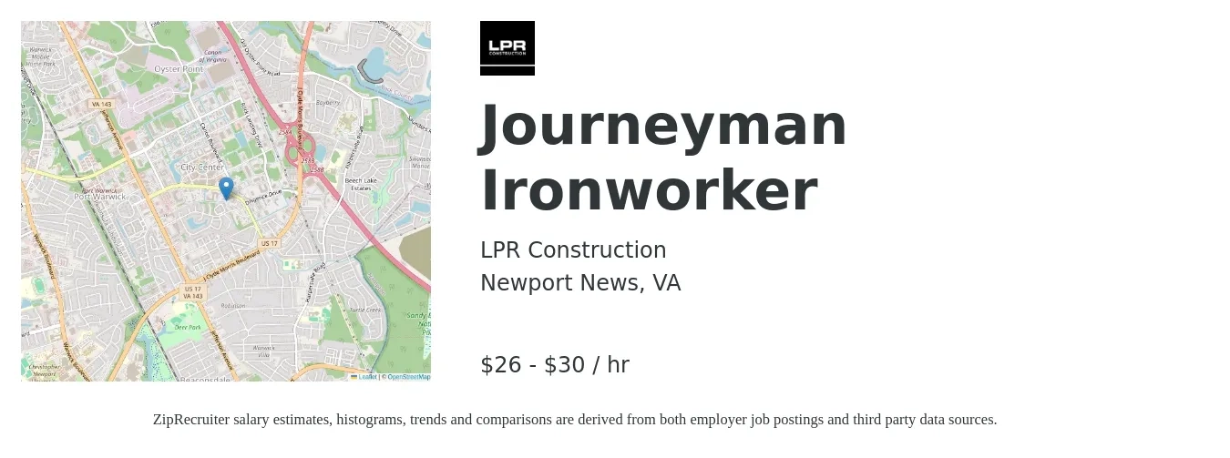LPR Construction job posting for a Journeyman Ironworker in Newport News, VA with a salary of $28 to $32 Hourly and benefits including dental, life_insurance, medical, retirement, and vision with a map of Newport News location.