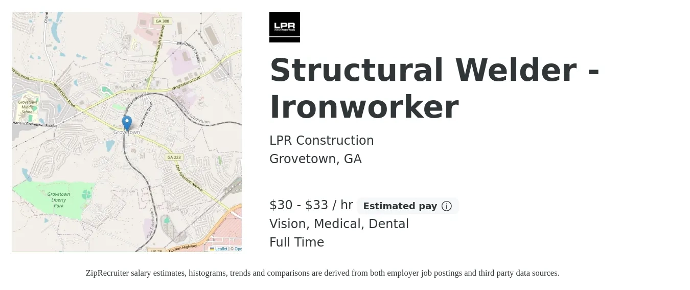 LPR Construction job posting for a Structural Welder - Ironworker in Grovetown, GA with a salary of $32 to $35 Hourly and benefits including retirement, vision, dental, life_insurance, and medical with a map of Grovetown location.