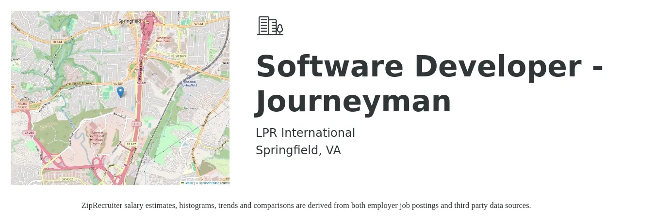 LPR International job posting for a Software Developer - Journeyman in Springfield, VA with a salary of $94,100 to $136,000 Yearly with a map of Springfield location.