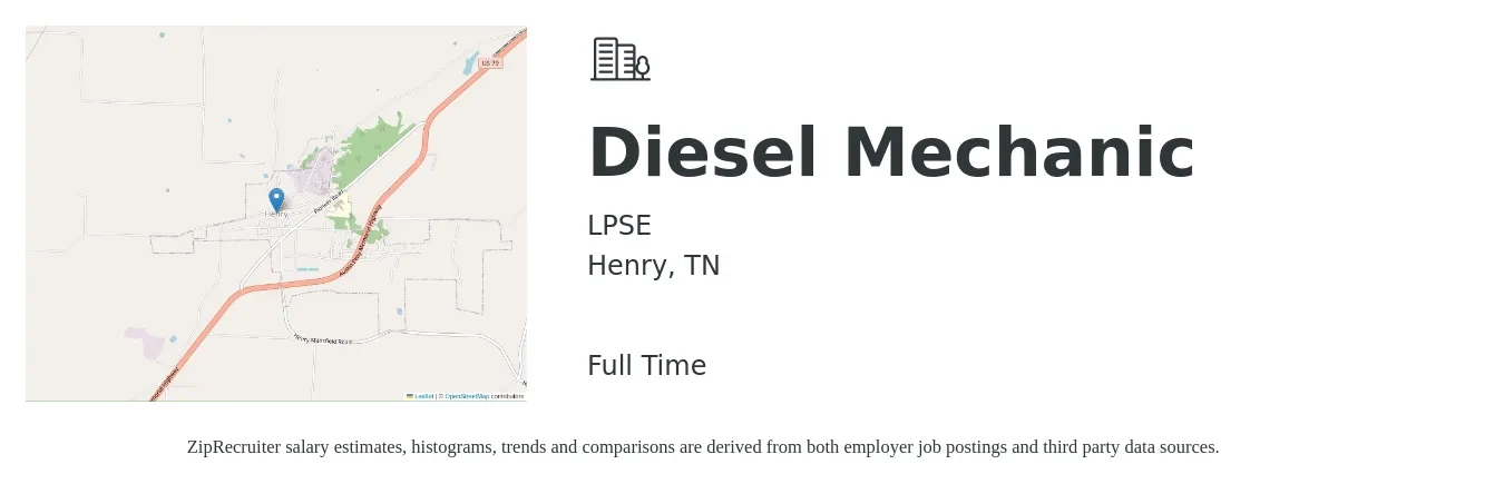 LPSE job posting for a Diesel Mechanic in Henry, TN with a salary of $20 to $26 Hourly with a map of Henry location.