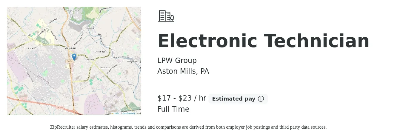 LPW Group job posting for a Electronic Technician in Aston Mills, PA with a salary of $18 to $24 Hourly with a map of Aston Mills location.