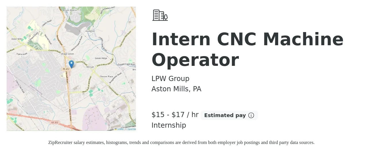 LPW Group job posting for a Intern CNC Machine Operator in Aston Mills, PA with a salary of $16 to $18 Hourly with a map of Aston Mills location.