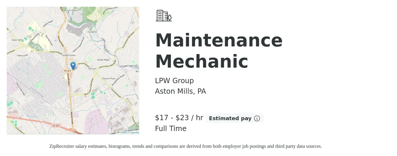 LPW Group job posting for a Maintenance Mechanic in Aston Mills, PA with a salary of $18 to $24 Hourly with a map of Aston Mills location.