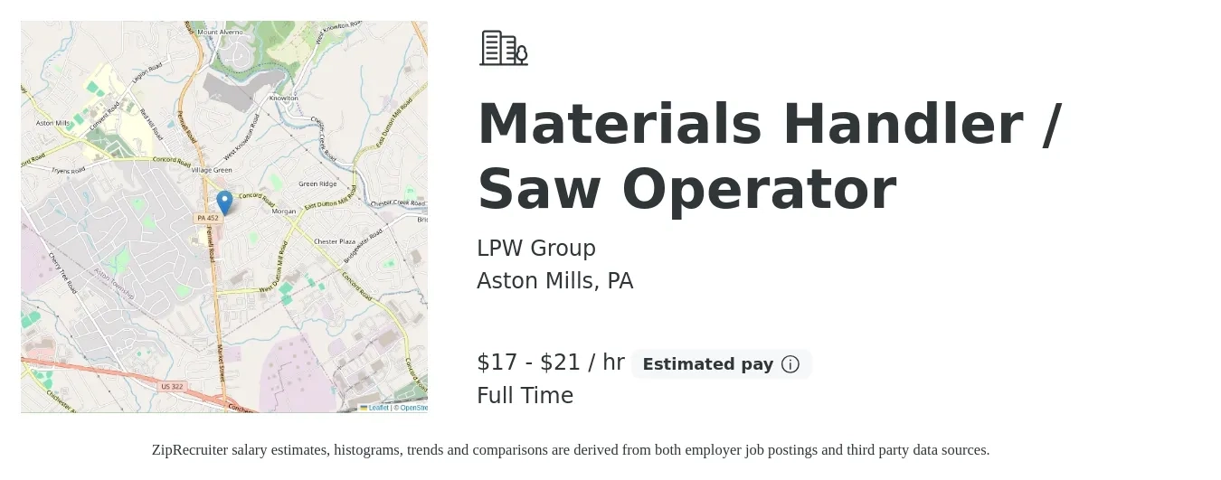 LPW Group job posting for a Materials Handler / Saw Operator in Aston Mills, PA with a salary of $18 to $22 Hourly with a map of Aston Mills location.