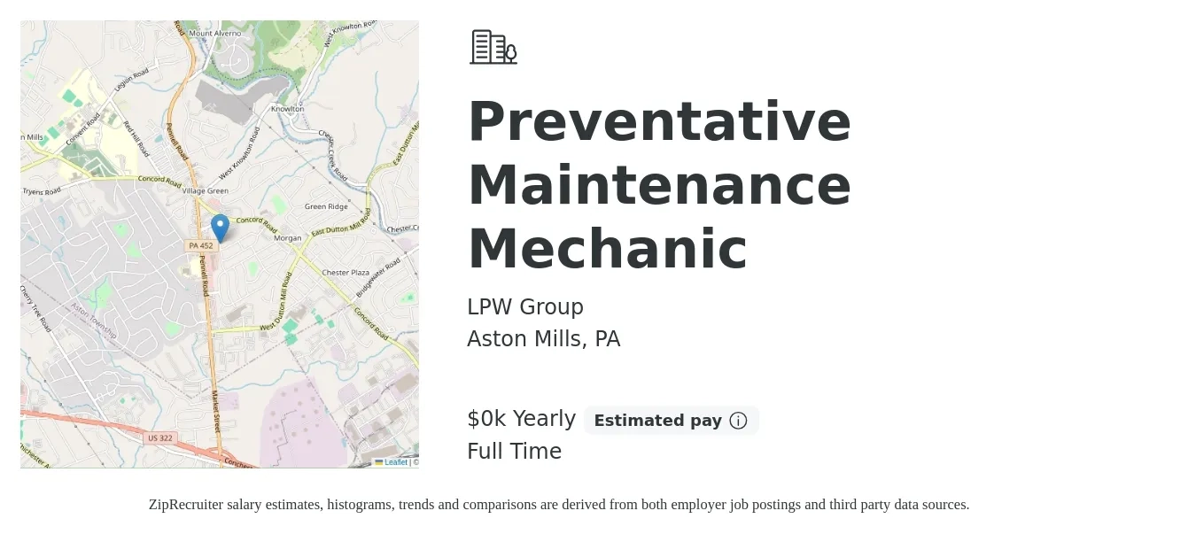 LPW Group job posting for a Preventative Maintenance Mechanic in Aston Mills, PA with a salary of $18 to $24 Yearly with a map of Aston Mills location.