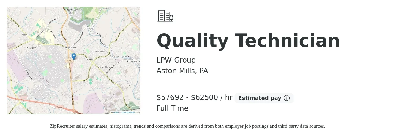 LPW Group job posting for a Quality Technician in Aston Mills, PA with a salary of $60,000 to $65,000 Hourly with a map of Aston Mills location.