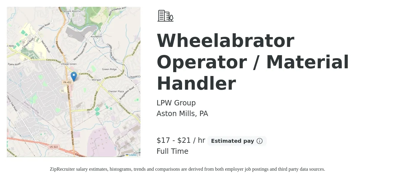 LPW Group job posting for a Wheelabrator Operator / Material Handler in Aston Mills, PA with a salary of $18 to $22 Hourly with a map of Aston Mills location.