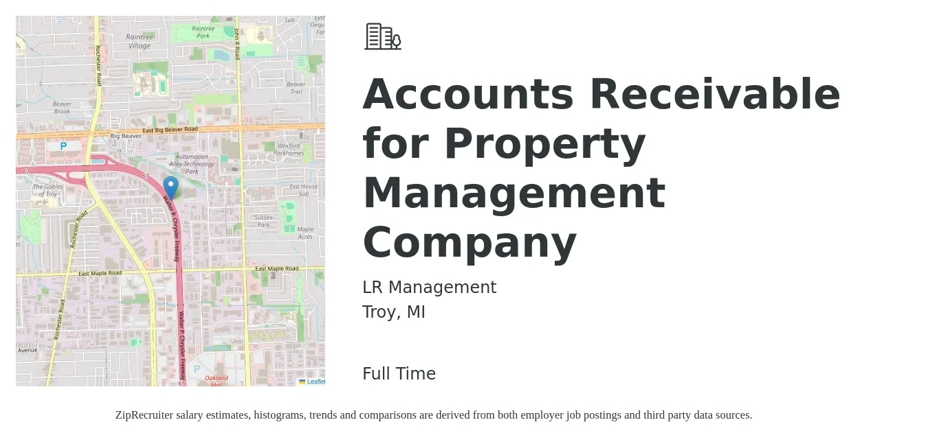 LR Management job posting for a Accounts Receivable for Property Management Company in Troy, MI with a salary of $19 to $25 Hourly with a map of Troy location.