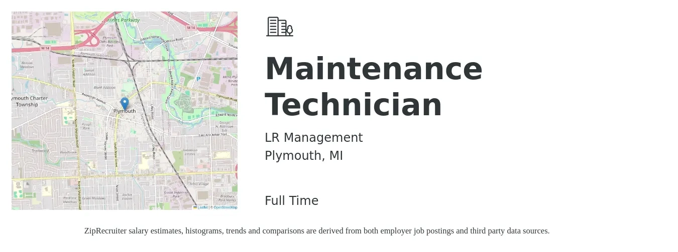 LR Management job posting for a Maintenance Technician in Plymouth, MI with a salary of $18 to $26 Hourly with a map of Plymouth location.