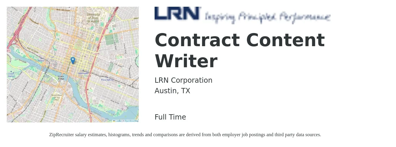 LRN Corporation job posting for a Contract Content Writer in Austin, TX with a salary of $24 to $48 Hourly with a map of Austin location.