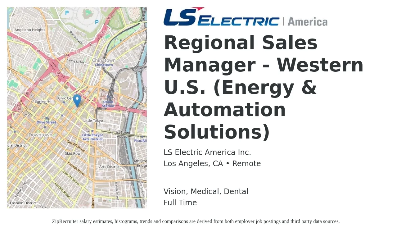 LS Electric America Inc. job posting for a Regional Sales Manager - Western U.S. (Energy & Automation Solutions) in Los Angeles, CA with a salary of $77,600 to $121,200 Yearly and benefits including life_insurance, medical, pto, retirement, vision, and dental with a map of Los Angeles location.