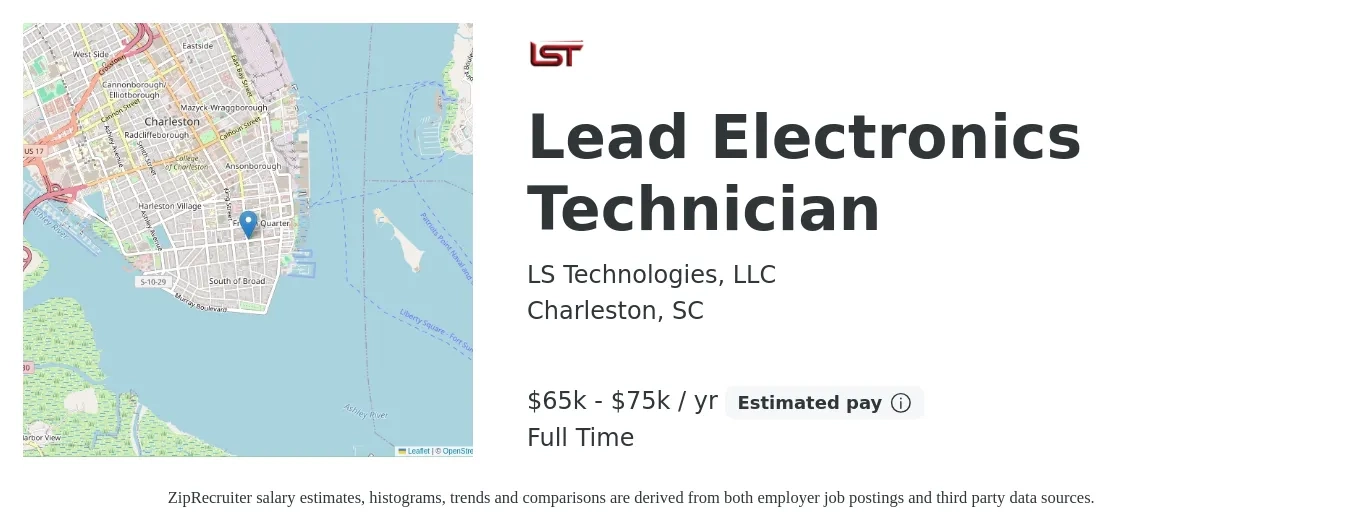 LS Technologies, LLC job posting for a Lead Electronics Technician in Charleston, SC with a salary of $65,000 to $75,000 Yearly with a map of Charleston location.