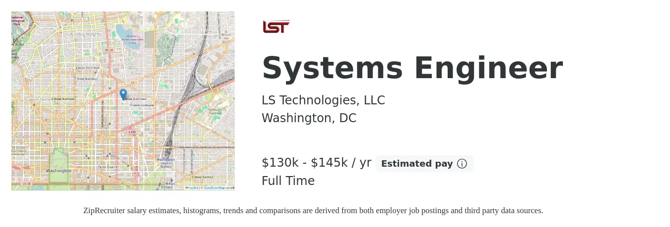 LS Technologies, LLC job posting for a Systems Engineer in Washington, DC with a salary of $135,000 to $145,000 Yearly with a map of Washington location.