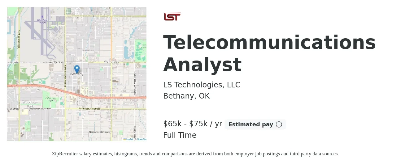 LS Technologies, LLC job posting for a Telecommunications Analyst in Bethany, OK with a salary of $65,000 to $75,000 Yearly with a map of Bethany location.