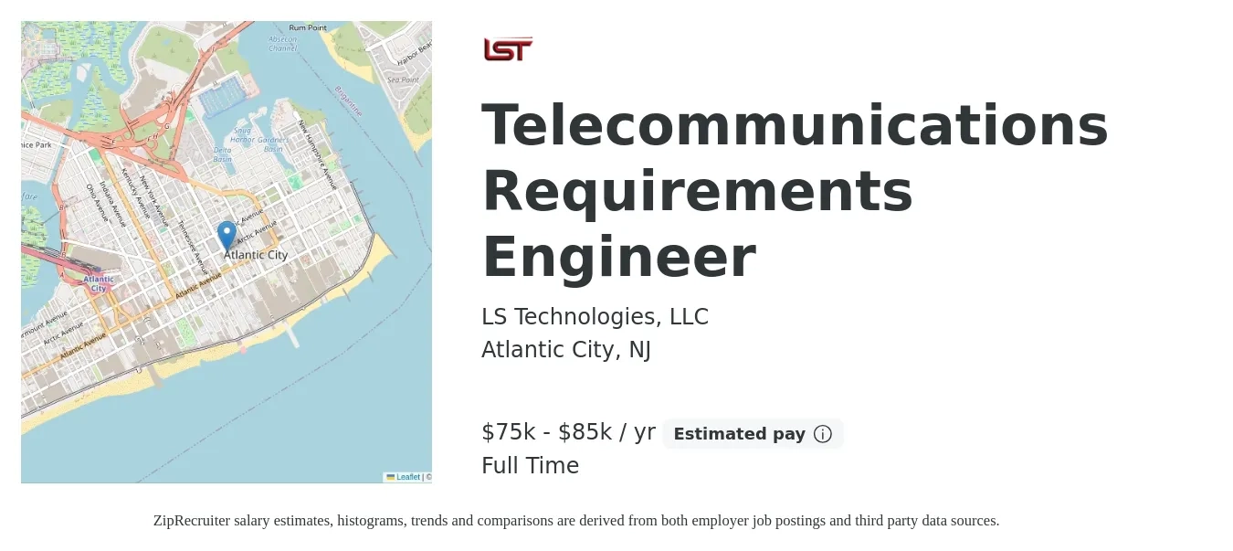 LS Technologies, LLC job posting for a Telecommunications Requirements Engineer in Atlantic City, NJ with a salary of $75,000 to $85,000 Yearly with a map of Atlantic City location.