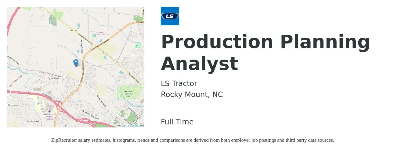 LS Tractor job posting for a Production Planning Analyst in Rocky Mount, NC with a salary of $28 to $39 Hourly with a map of Rocky Mount location.