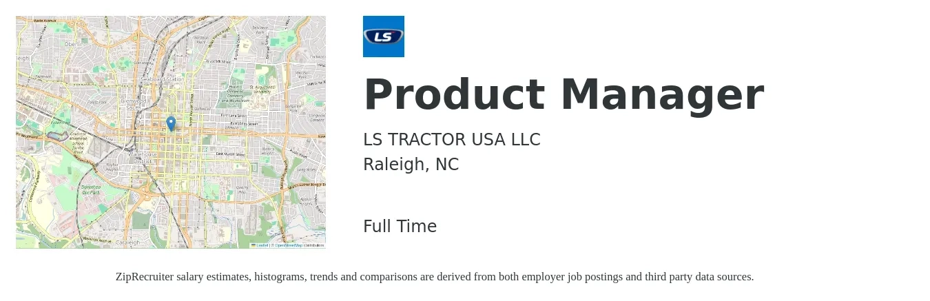 LS TRACTOR USA LLC job posting for a Product Manager in Raleigh, NC with a salary of $121,100 to $169,200 Yearly with a map of Raleigh location.