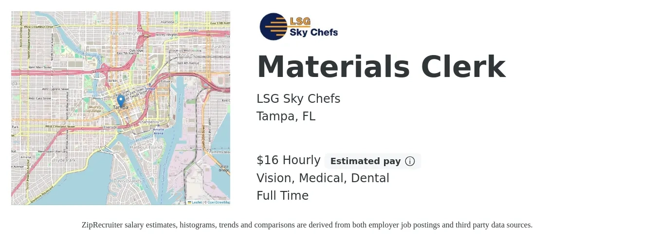 LSG Sky Chefs job posting for a Materials Clerk in Tampa, FL with a salary of $18 Hourly and benefits including dental, life_insurance, medical, pto, retirement, and vision with a map of Tampa location.
