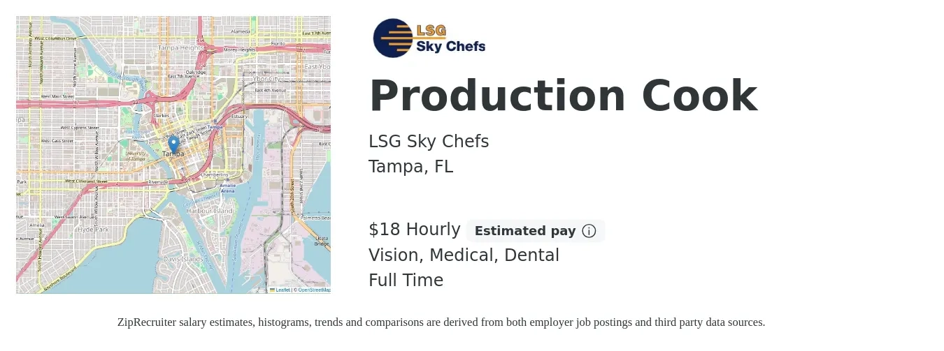 LSG Sky Chefs job posting for a Production Cook in Tampa, FL with a salary of $20 Hourly and benefits including dental, life_insurance, medical, pto, retirement, and vision with a map of Tampa location.