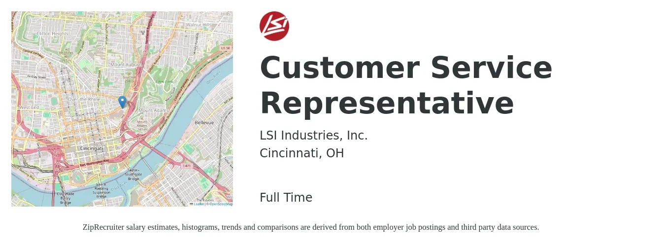 LSI Industries, Inc. job posting for a Customer Service Representative in Cincinnati, OH with a salary of $15 to $21 Hourly with a map of Cincinnati location.