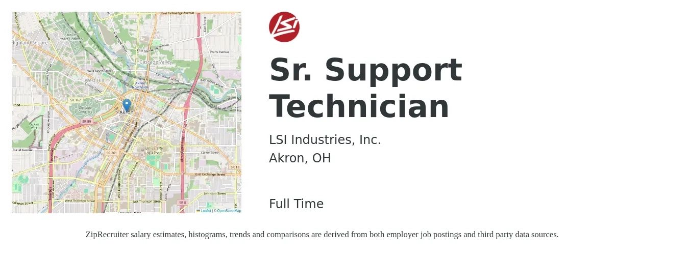 LSI Industries, Inc. job posting for a Sr. Support Technician in Akron, OH with a salary of $35,900 to $45,000 Yearly with a map of Akron location.