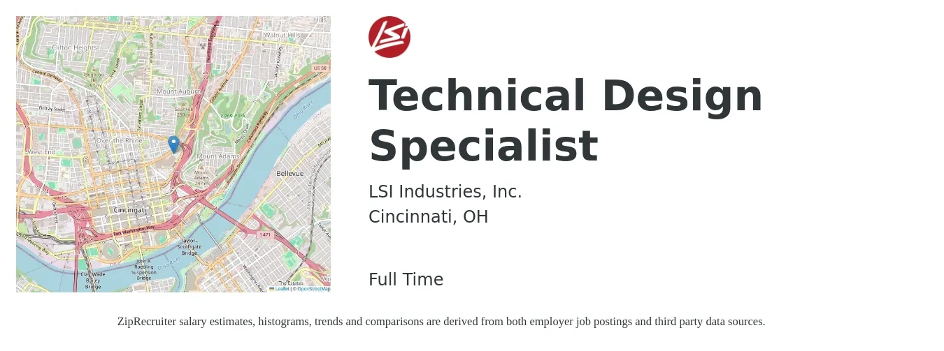LSI Industries, Inc. job posting for a Technical Design Specialist in Cincinnati, OH with a salary of $59,500 to $94,600 Yearly with a map of Cincinnati location.