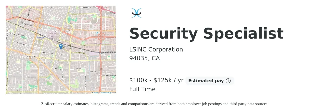 LSINC Corporation job posting for a Security Specialist in 94035, CA with a salary of $100,000 to $125,000 Yearly with a map of 94035 location.