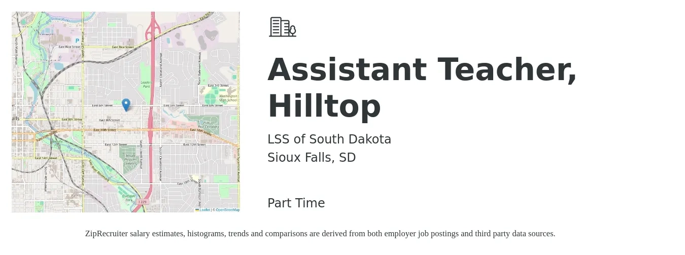 LSS of South Dakota job posting for a Assistant Teacher, Hilltop in Sioux Falls, SD with a salary of $14 to $18 Hourly with a map of Sioux Falls location.