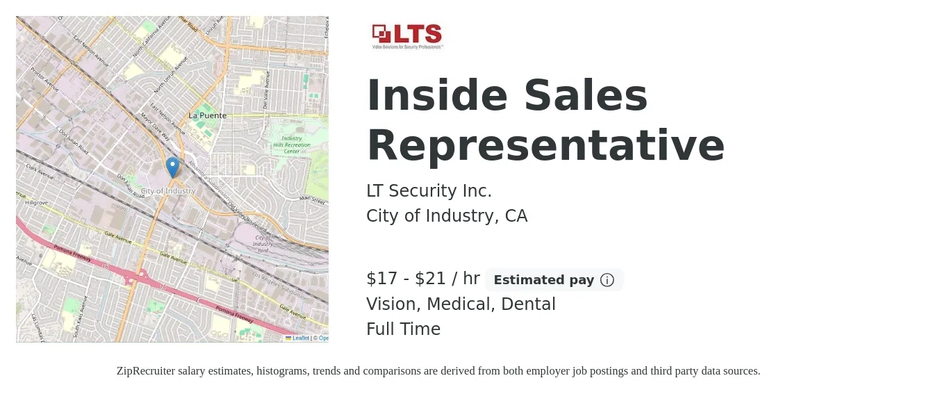 LT Security Inc. job posting for a Inside Sales Representative in City of Industry, CA with a salary of $18 to $22 Hourly and benefits including retirement, vision, dental, life_insurance, and medical with a map of City of Industry location.