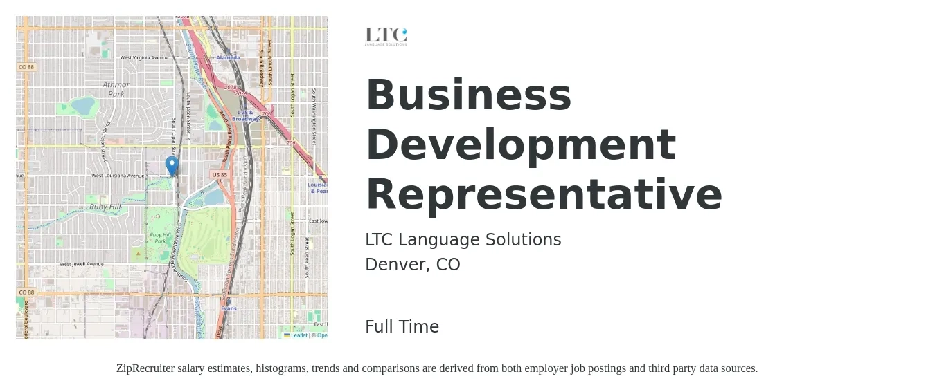 LTC Language Solutions job posting for a Business Development Representative in Denver, CO with a salary of $46,300 to $72,000 Yearly with a map of Denver location.