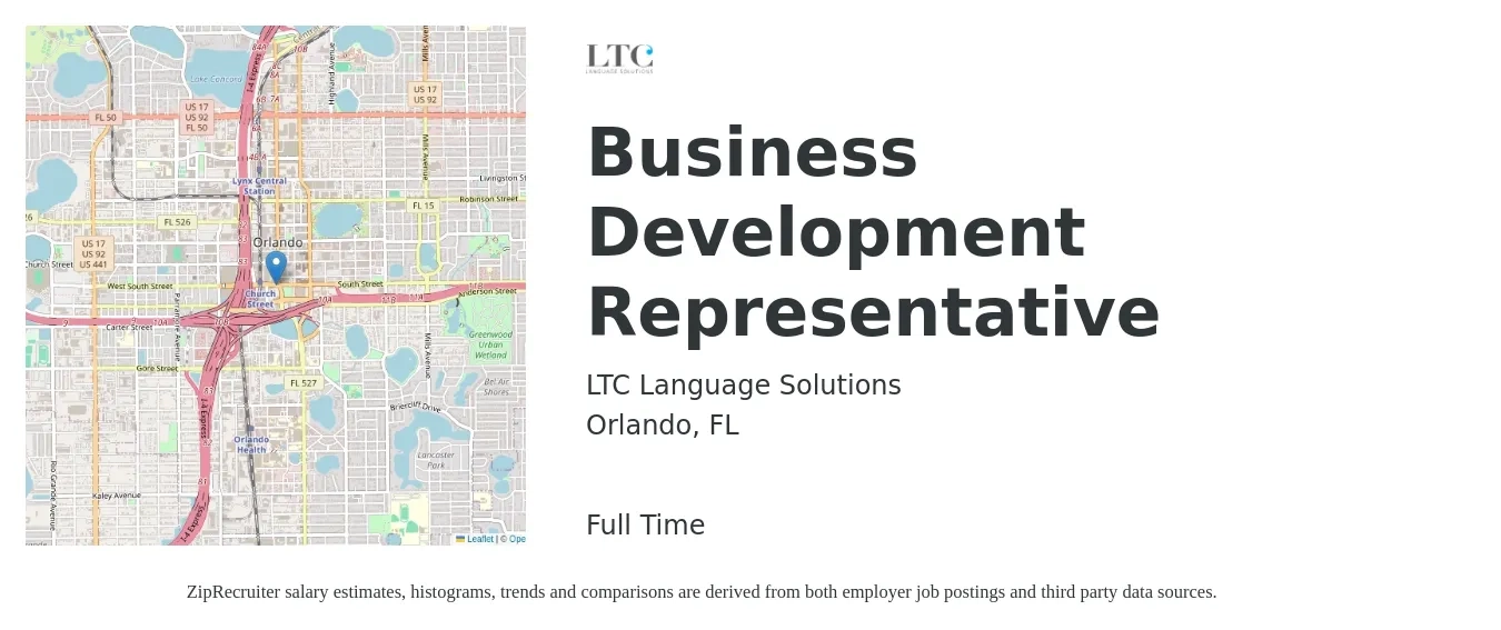 LTC Language Solutions job posting for a Business Development Representative in Orlando, FL with a salary of $42,000 to $65,300 Yearly with a map of Orlando location.