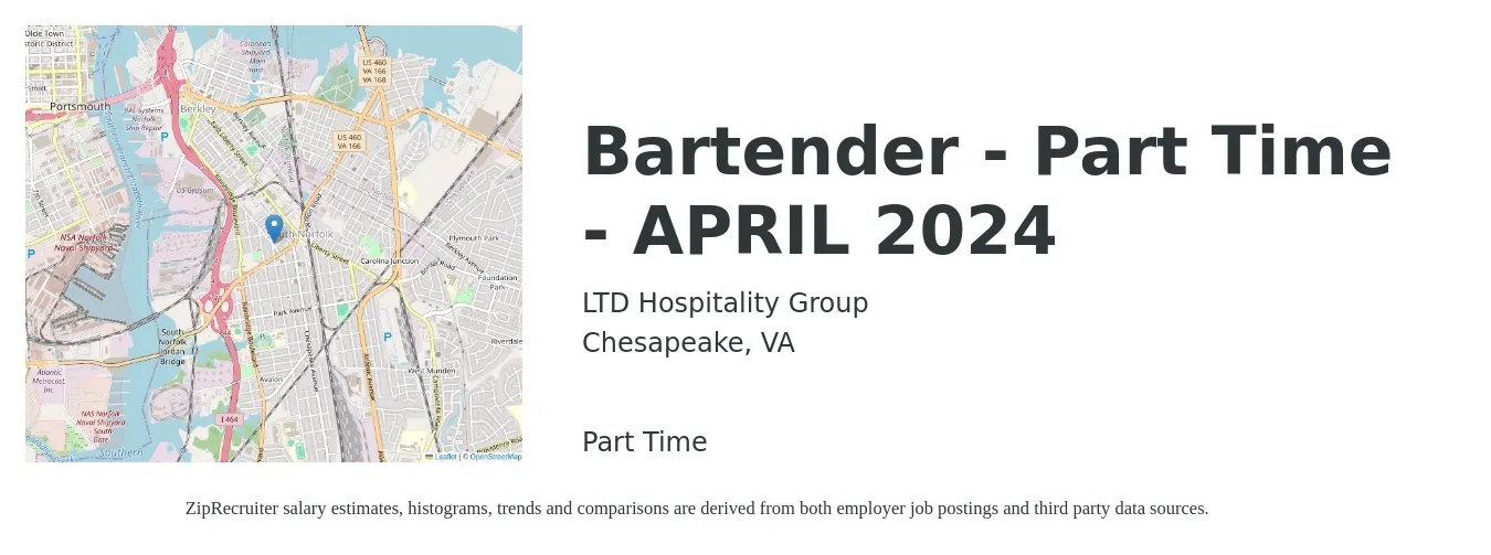 LTD Hospitality Group job posting for a Bartender - Part Time - APRIL 2024 in Chesapeake, VA with a salary of $9 to $16 Hourly with a map of Chesapeake location.